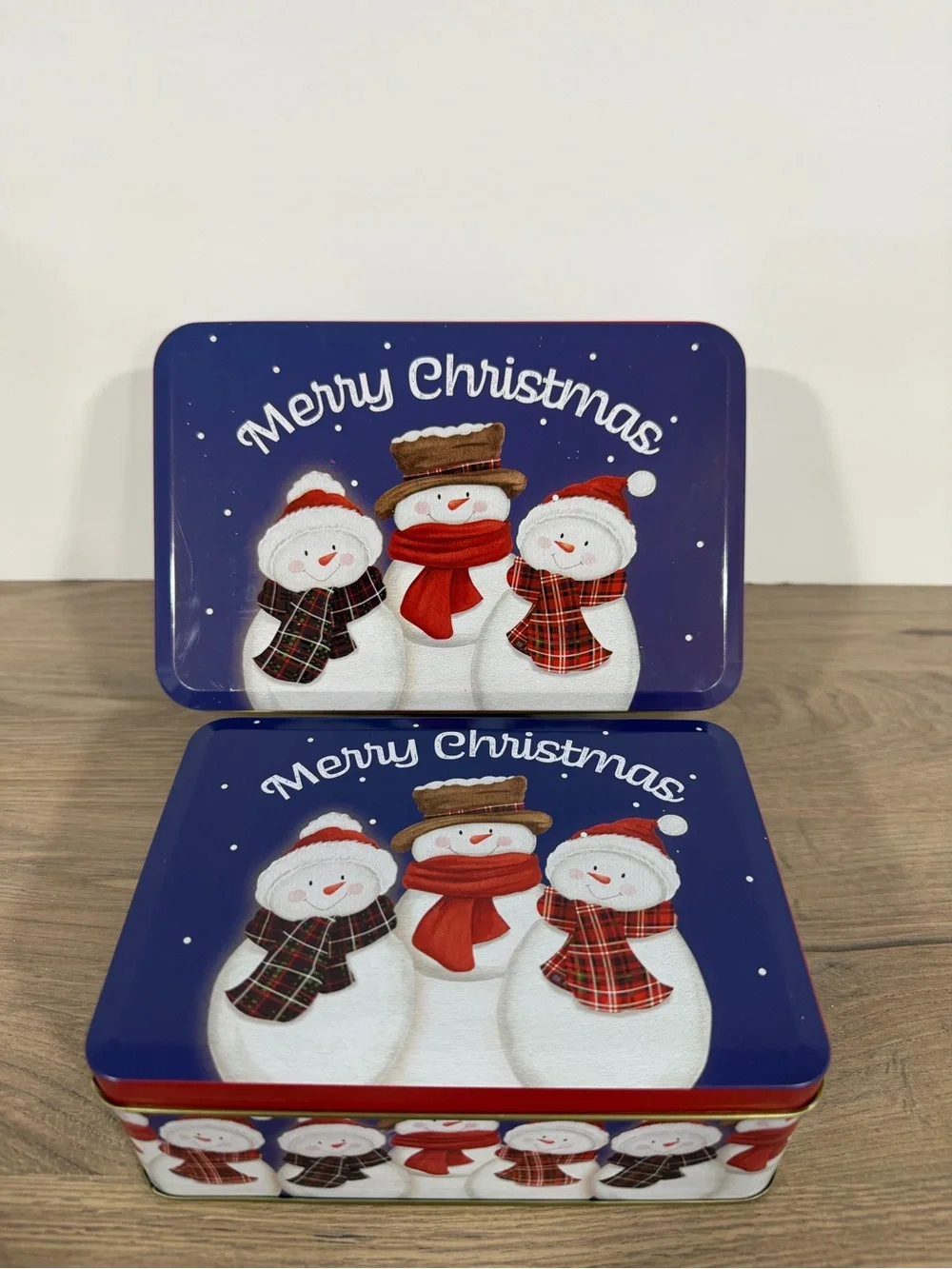 2 Holiday Snowman Tin - Merry Christmas Blue. 1 big&1 small